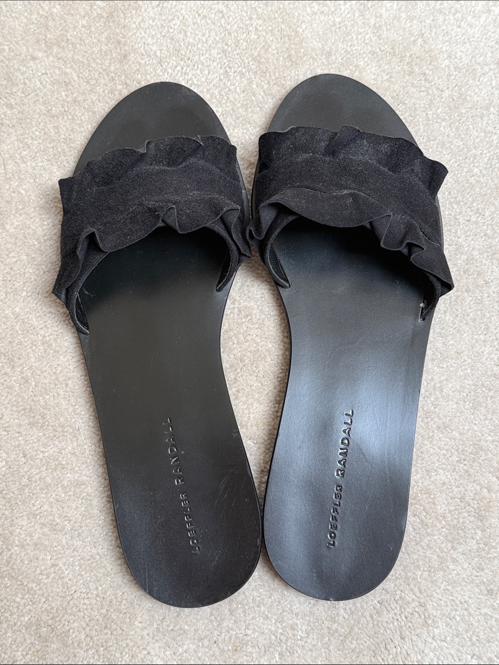 Loeffler Randall Black Ruffle Suede Slide Sandals